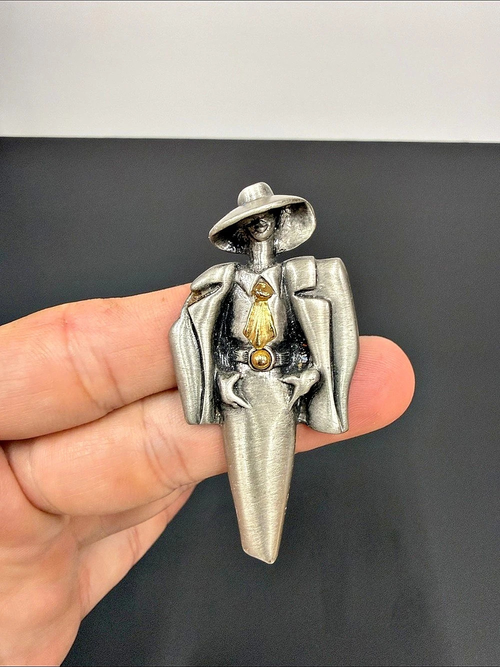 Vintage FAF Diane Fafard Lady in Hat Brooch Pewter Gold Tone Montreal Canada